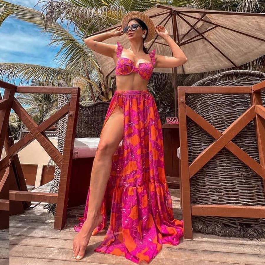 3-Piece Floral Print Bikini Swimsuits with Cover Up