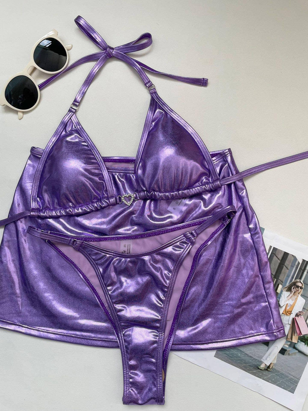 3-Piece Metallic Color Bikini Swimsuits with Cover Up A156