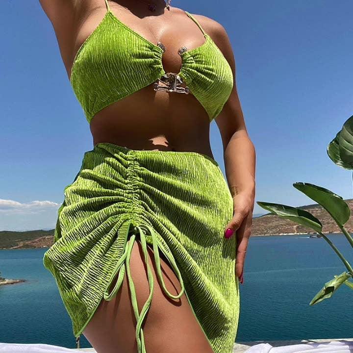 3 Piece Solid Color Bikini Set Swimsuit with Wrap 23020