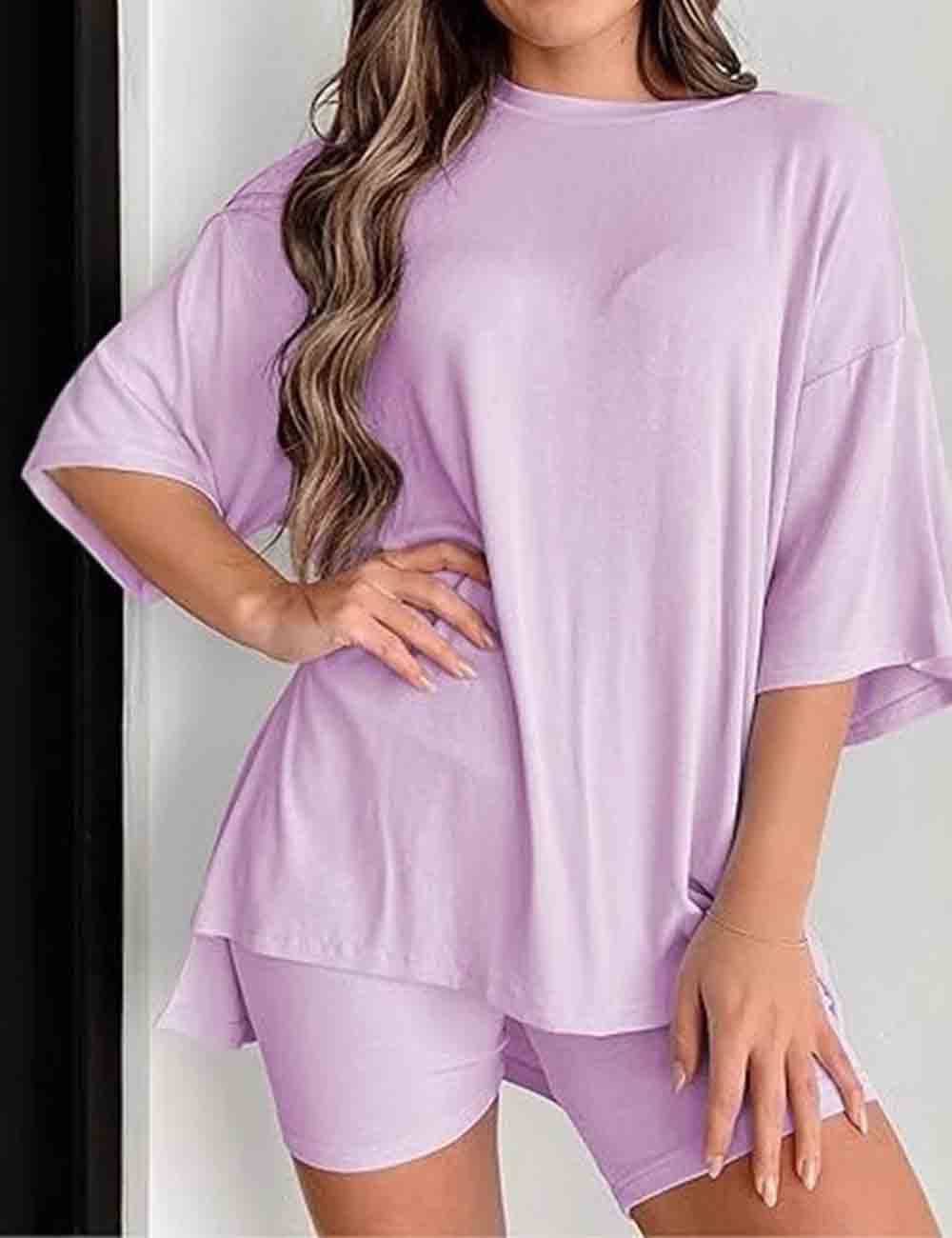 Ladies Solid Loungewear Outfits Loose Top & Slim Shorts Set