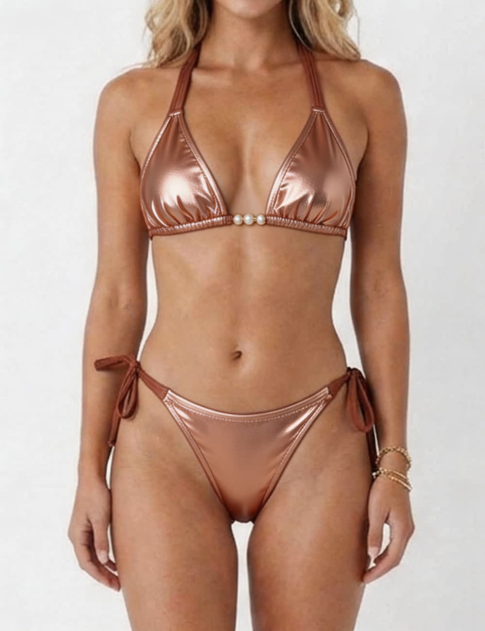 Ladies Metallic Pearl Ring Halter Triangle 2 Piece Bikini Set
