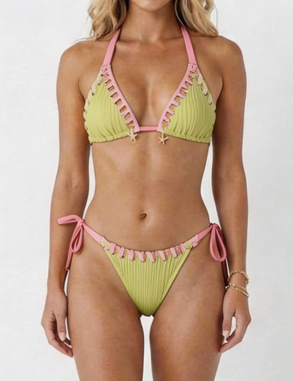 Ladies Braided Trim Ribbed Halter Triangle 2 Piece Bikini Set