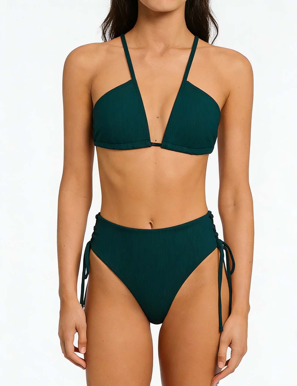 Ladies Solid Color Shoulder String Tie Bikini Set 8BK3WST317