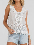 Ladies Crochet Lace Rhinestone Beaded Sleeveless Top