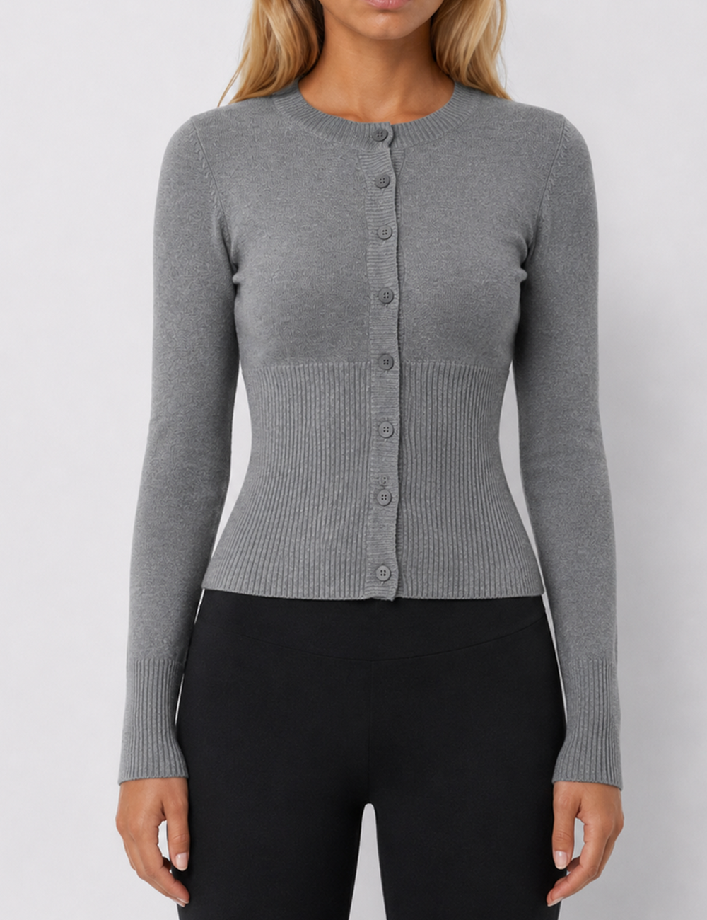 Ladies Button Front Ribbed Knit Cardigan