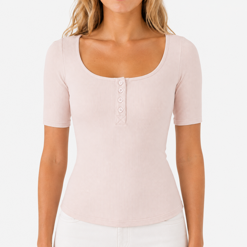 Ladies Scoop Neck Button Short Sleeve Top