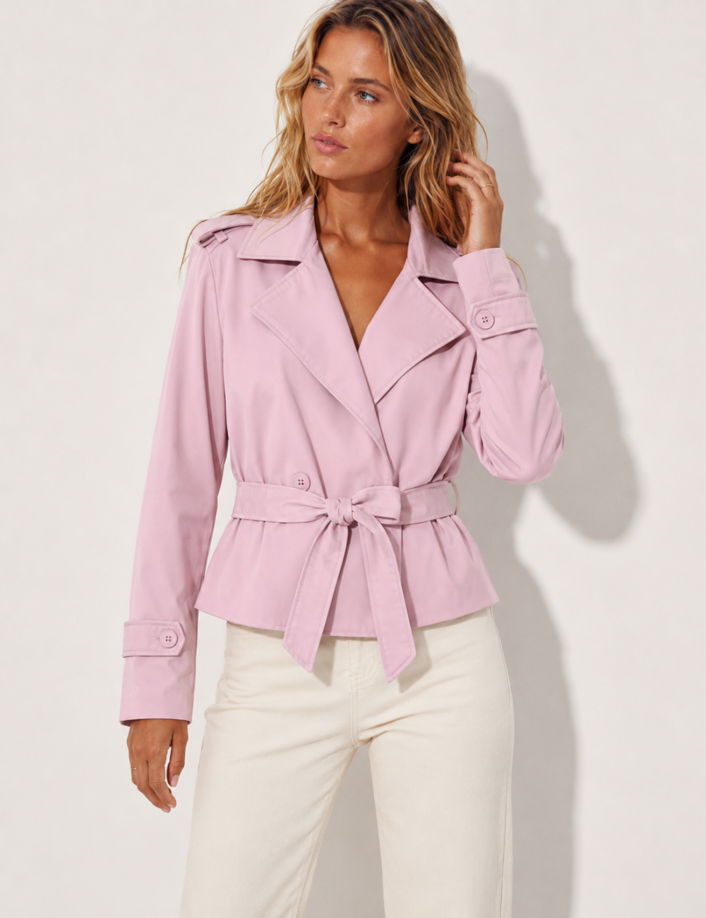 Ladies Lapel Collar Belted Short Trench Coat