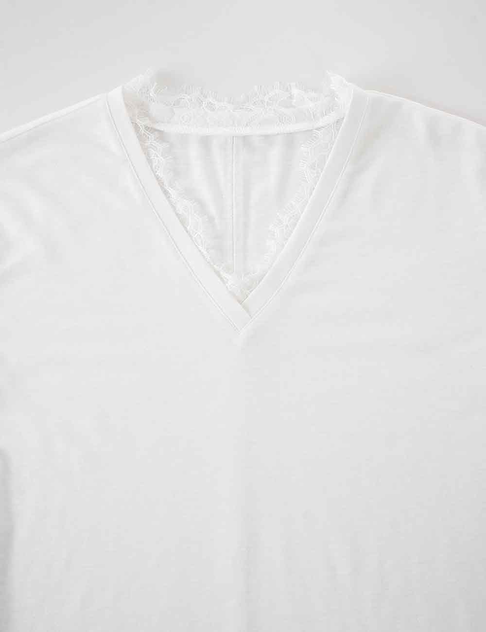 Ladies Chic Lace Trim Solid Color V-Neck Short Sleeves T-Shirt