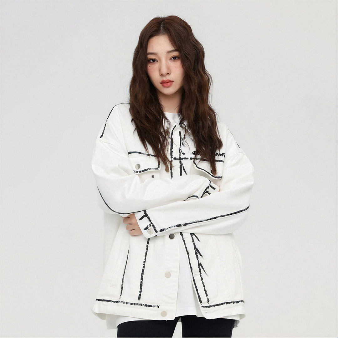 Unisex Spring Graffiti Contrast Stitching Denim Jacket