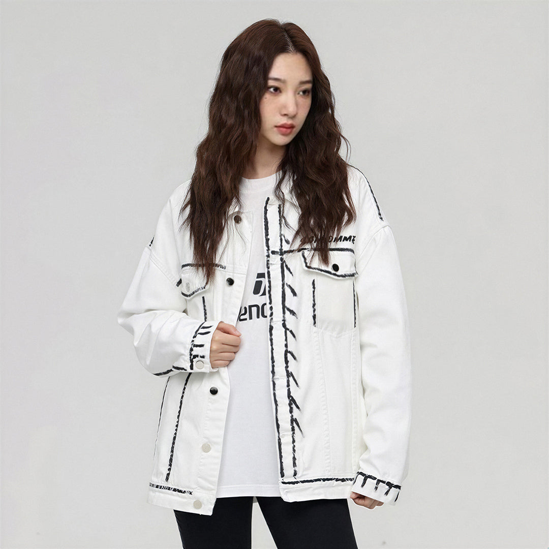 Unisex Spring Graffiti Contrast Stitching Denim Jacket