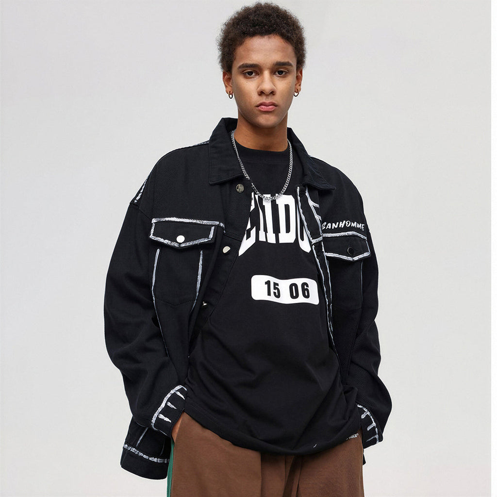 Unisex Spring Graffiti Contrast Stitching Denim Jacket