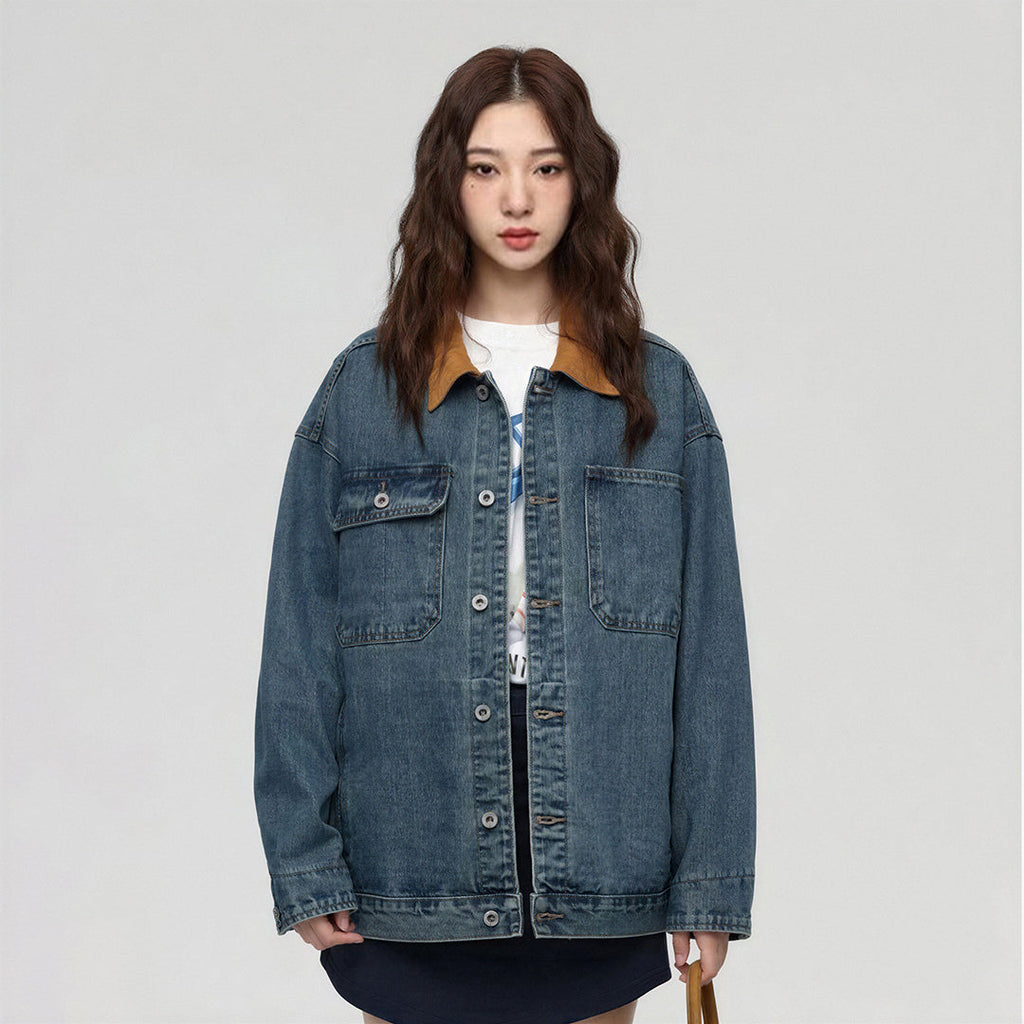 Unisex Spring Yellow Collar Vintage Washed Denim Jacket