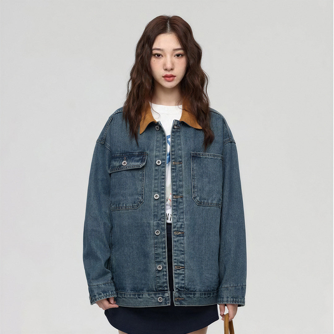 Unisex Spring Yellow Collar Vintage Washed Denim Jacket