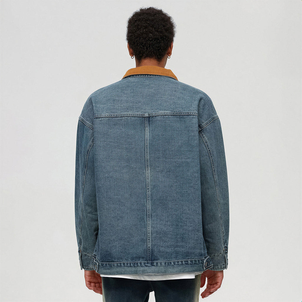 Unisex Spring Yellow Collar Vintage Washed Denim Jacket