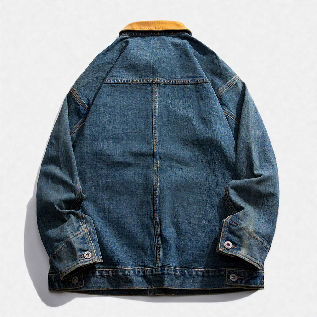 Unisex Spring Yellow Collar Vintage Washed Denim Jacket