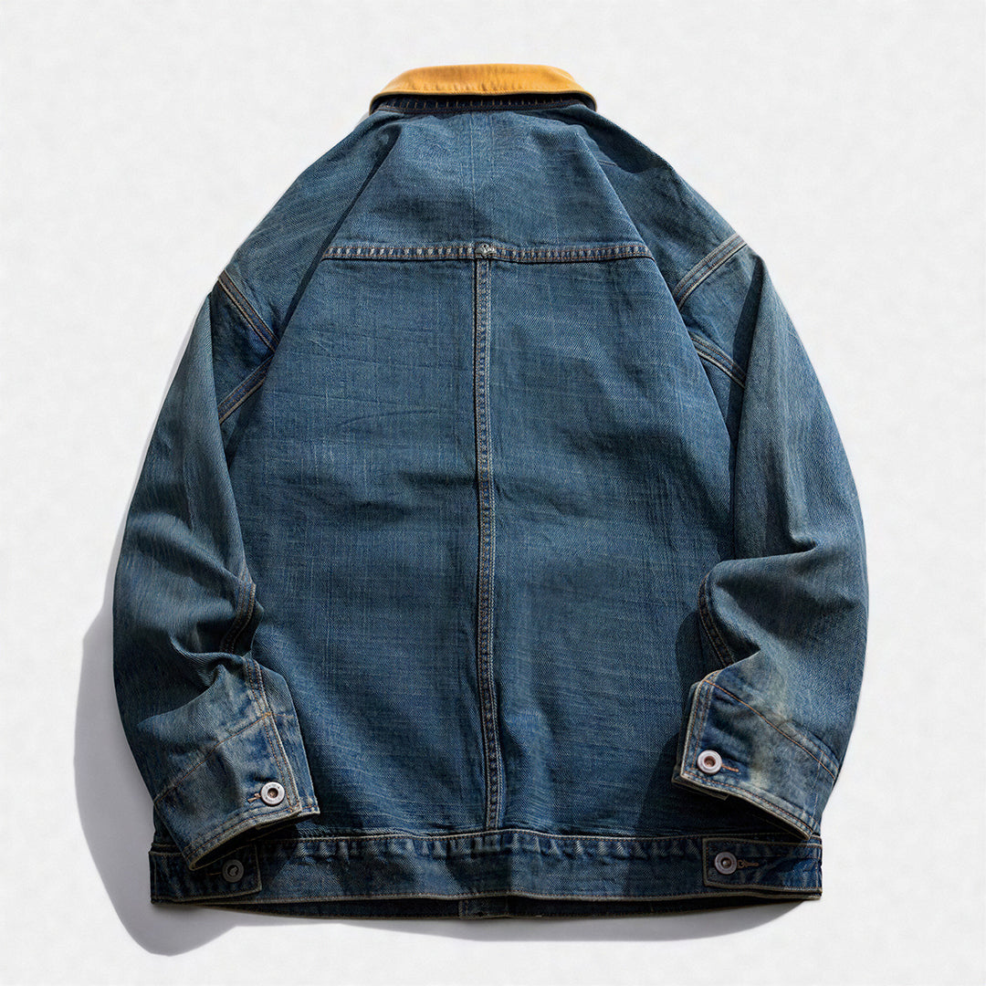 Unisex Spring Yellow Collar Vintage Washed Denim Jacket