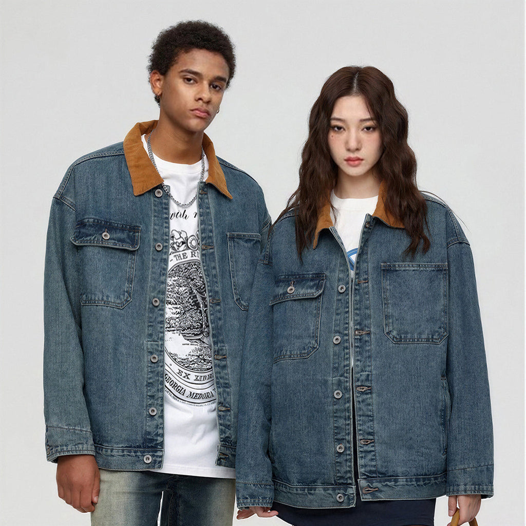 Unisex Spring Yellow Collar Vintage Washed Denim Jacket
