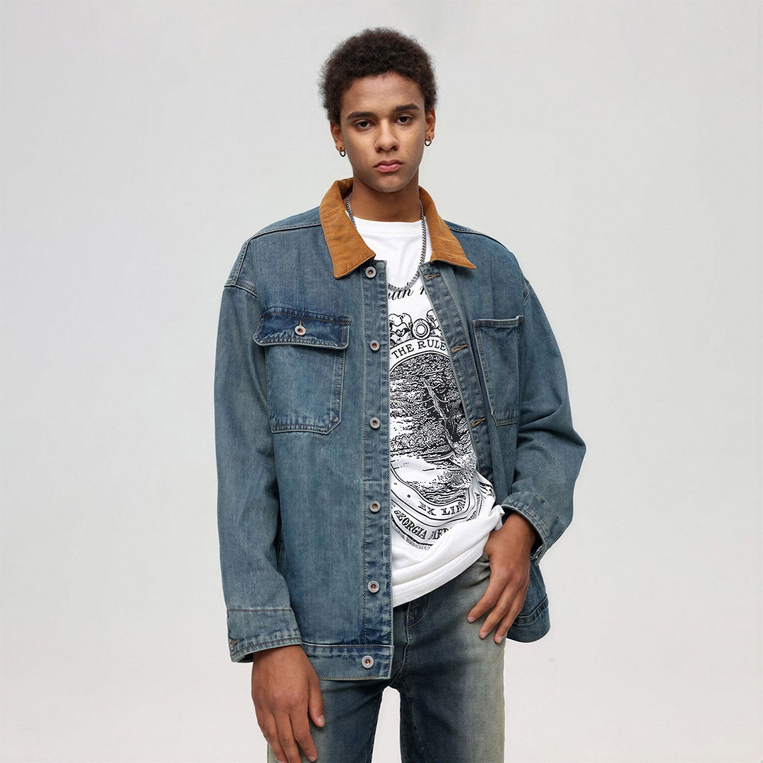 Unisex Spring Yellow Collar Vintage Washed Denim Jacket