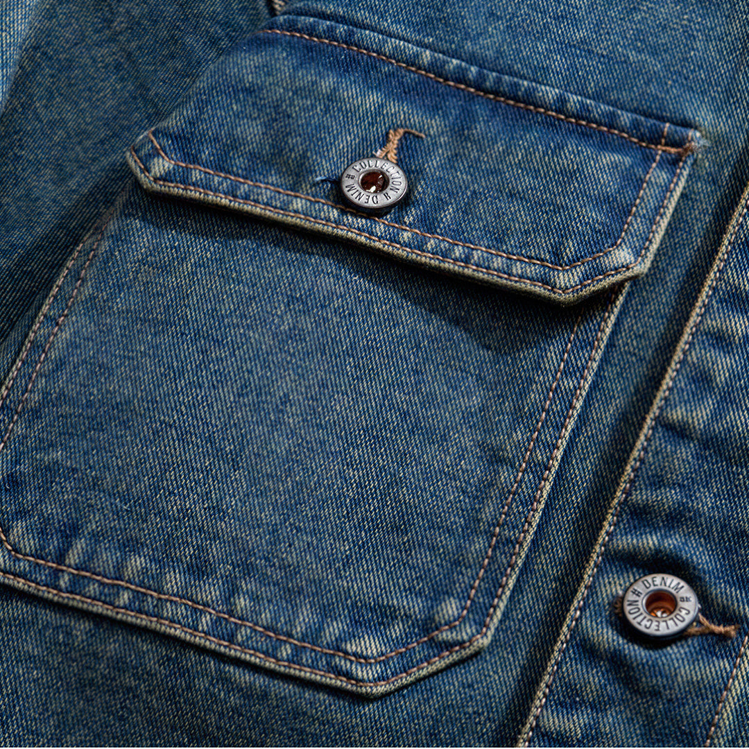 Unisex Spring Yellow Collar Vintage Washed Denim Jacket