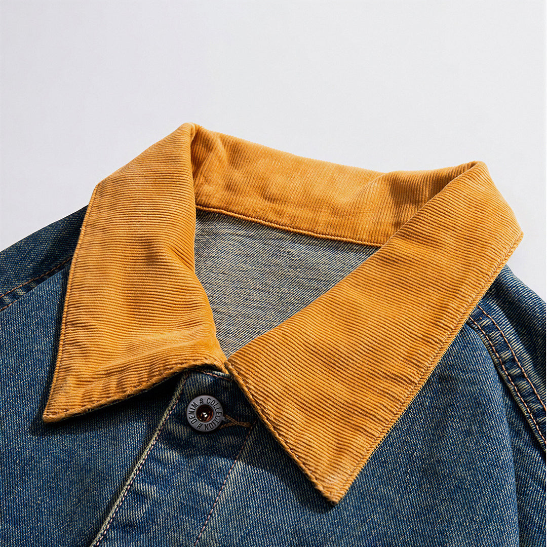 Unisex Spring Yellow Collar Vintage Washed Denim Jacket