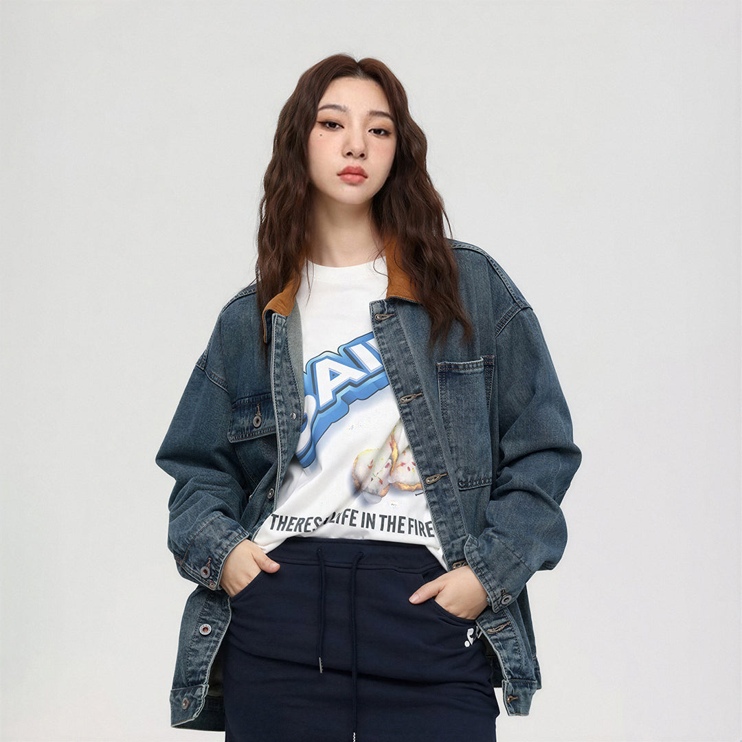 Unisex Spring Yellow Collar Vintage Washed Denim Jacket