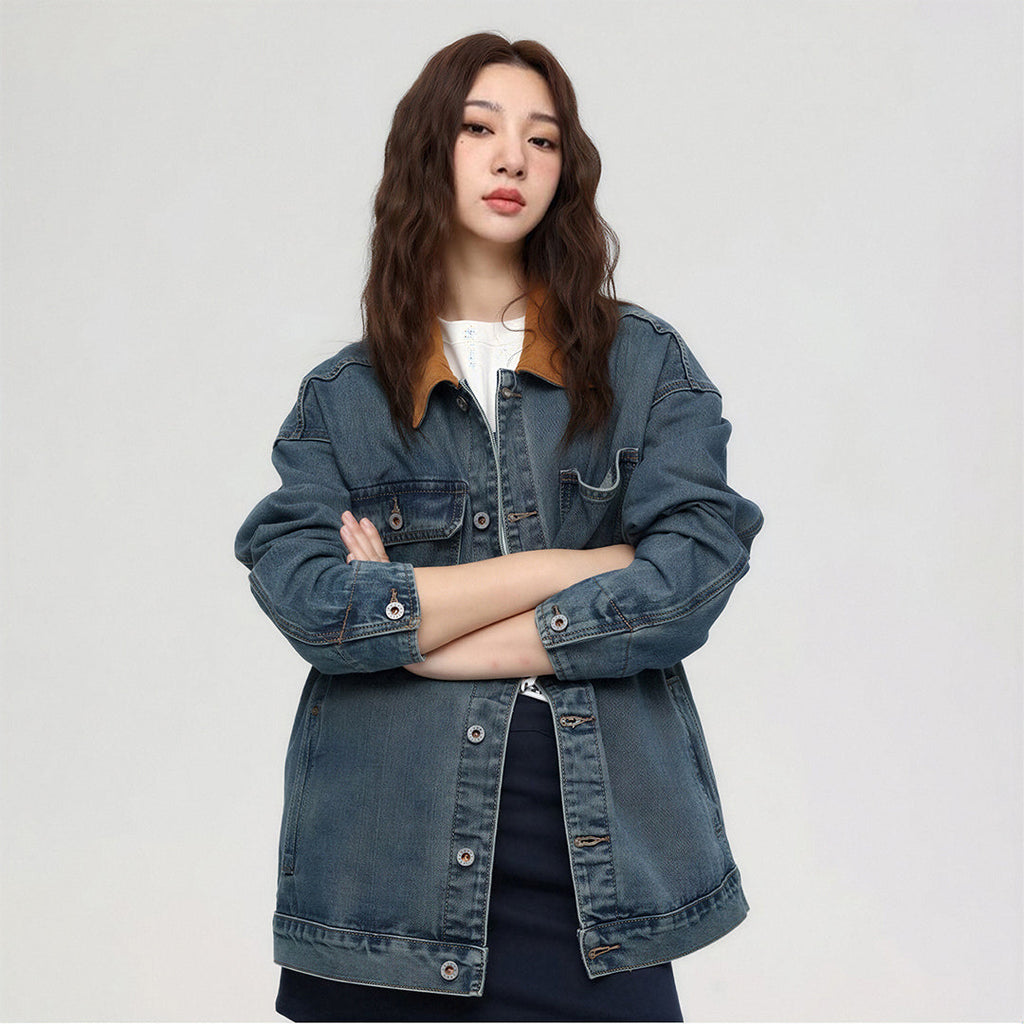 Unisex Spring Yellow Collar Vintage Washed Denim Jacket