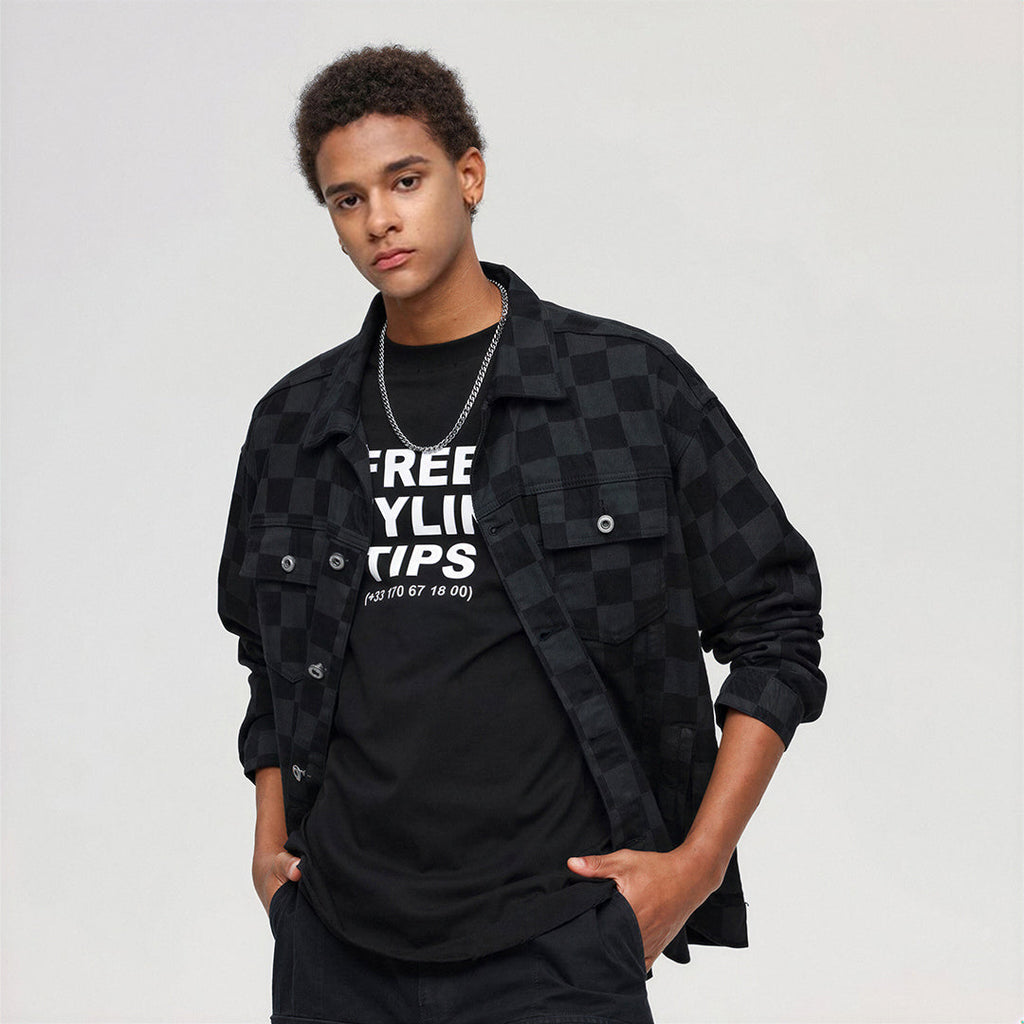 Unisex Spring Checkerboard Oversized Denim Trucker Jacket