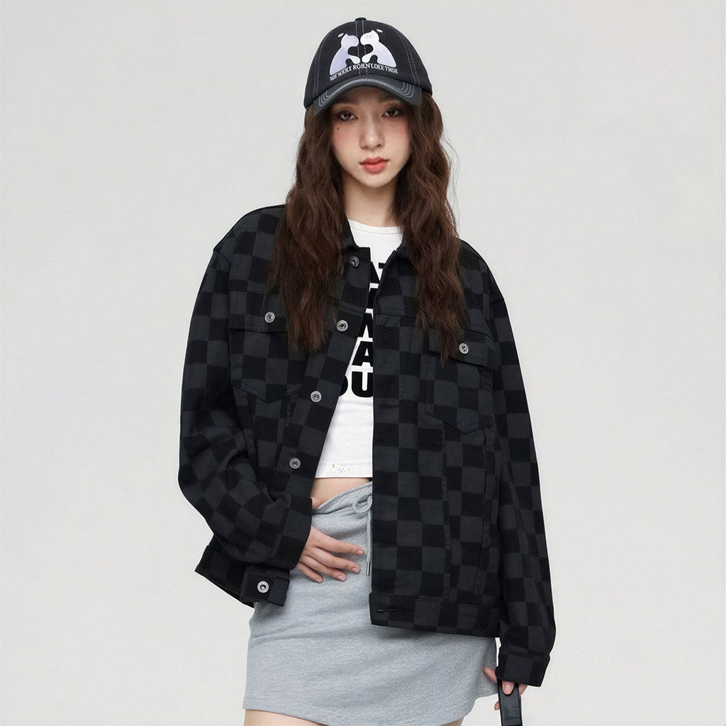 Unisex Spring Checkerboard Oversized Denim Trucker Jacket