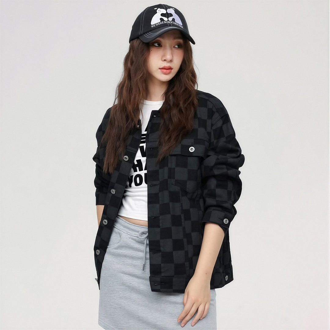 Unisex Spring Checkerboard Oversized Denim Trucker Jacket