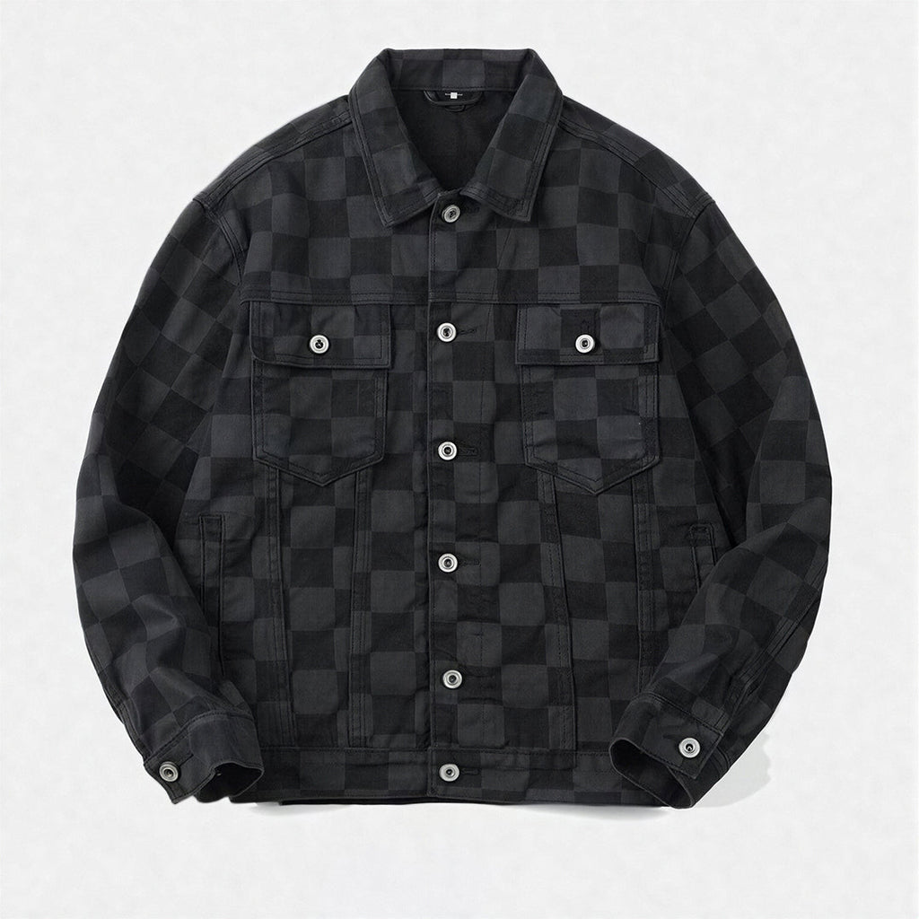 Unisex Spring Checkerboard Oversized Denim Trucker Jacket