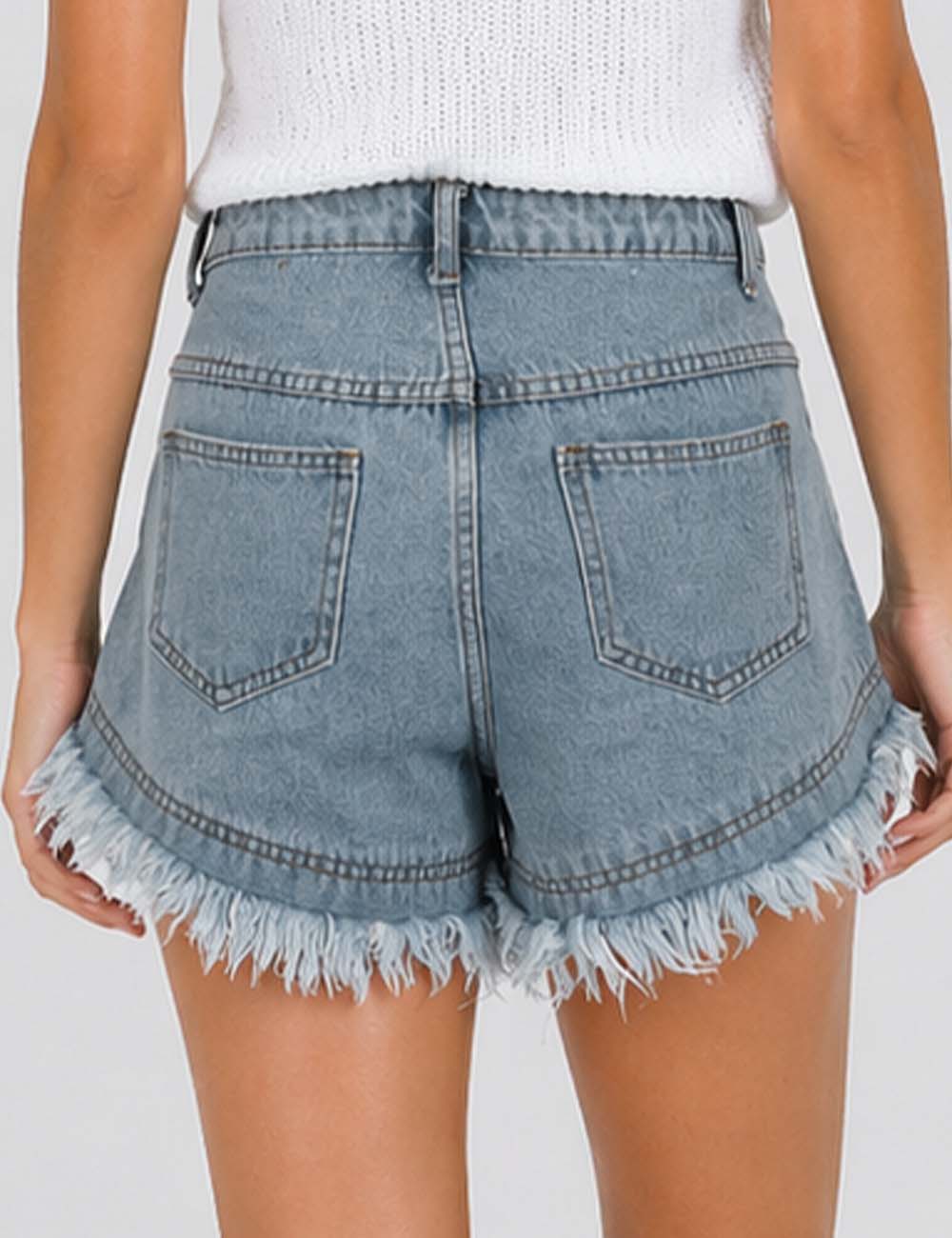 Ladies Distressed Raw Edge Frayed Hem Denim Shorts