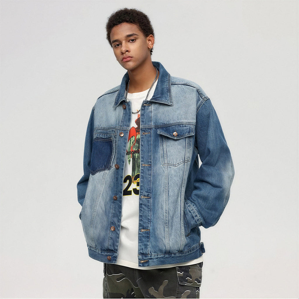 Unisex Spring Washed Patchwork Oversized Denim Trucker Jacket