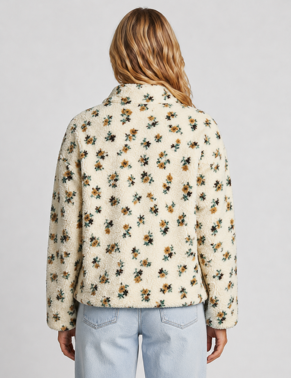Ladies Casual Floral Pattern Zipper Front Fleece Pullover Sweatshirt