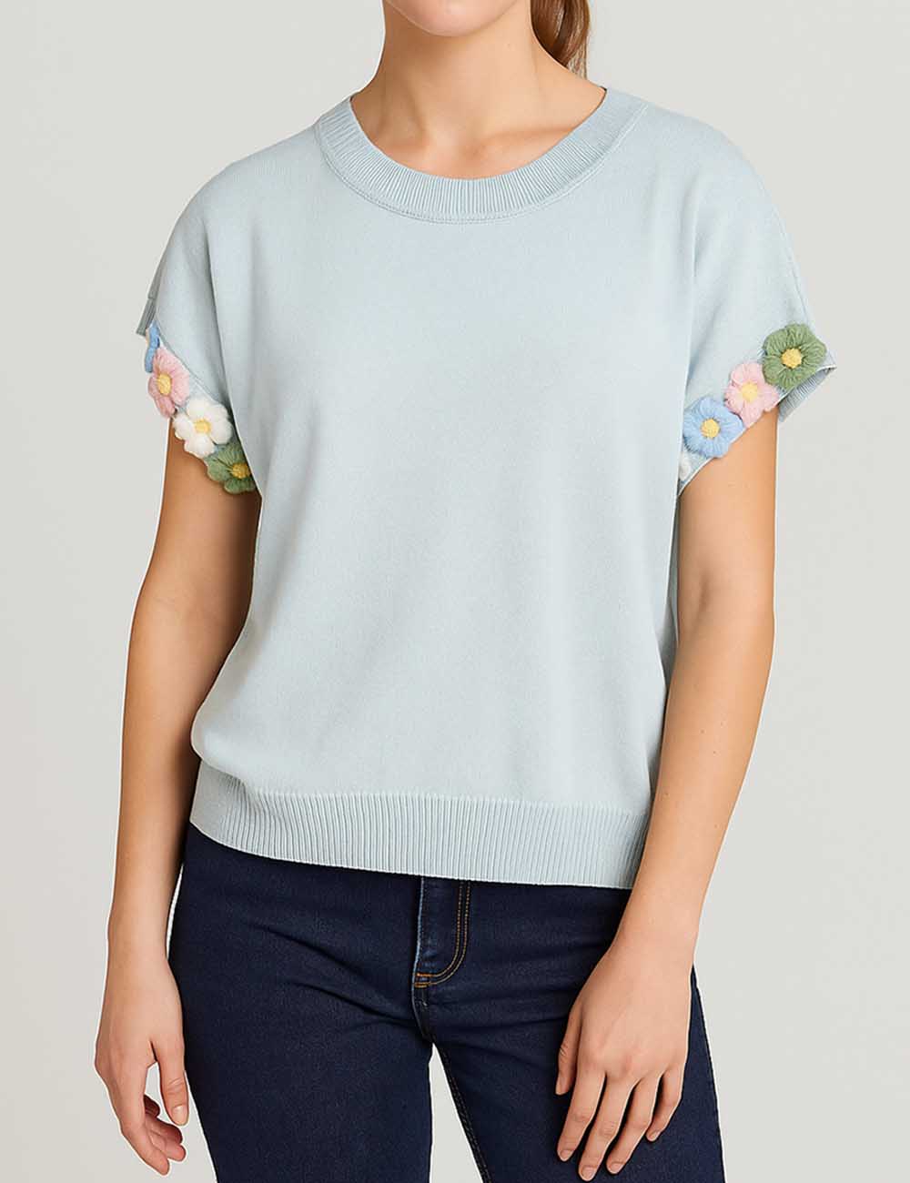 Ladies 3D Flower Pullover Short Sleeves Knit Top