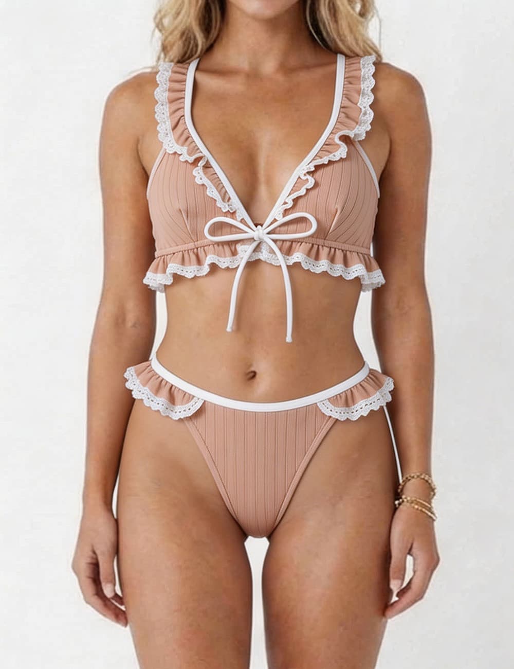 Ladies Contrast Lace Ruffle Trim V-Neck Triangle Bikini Set