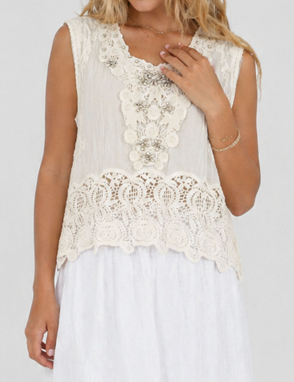Ladies Crochet Lace Rhinestone Beaded Sleeveless Top