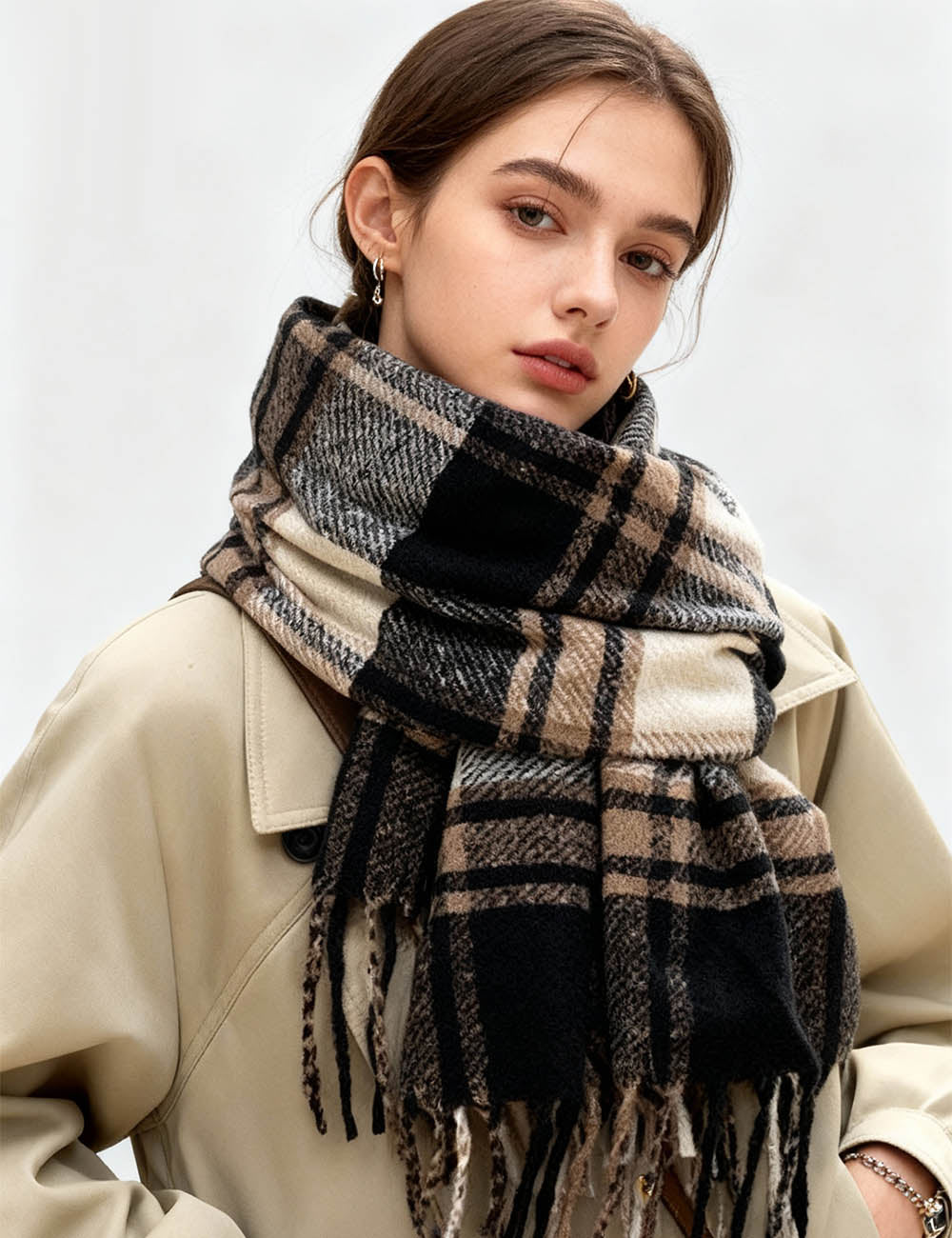 Ladies Vintage Fashion Plaid Pattern Oblong Tassel Knit Scarf