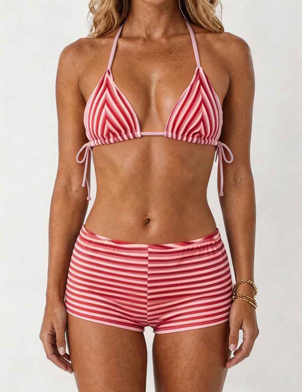 Ladies Striped Tie Back Triangle Halter Bikini Top & Shorts Swimsuit Set