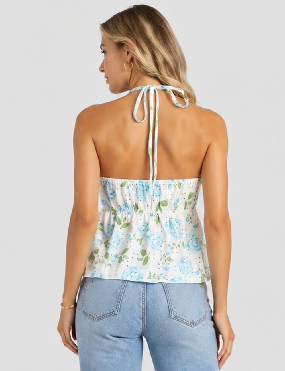 Ladies Floral Print Eyelet Halter Sleeveless Top