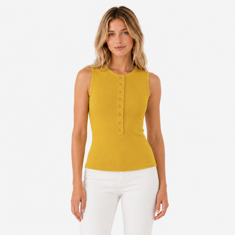 Ladies Crew Neck Button Sleeveless Top