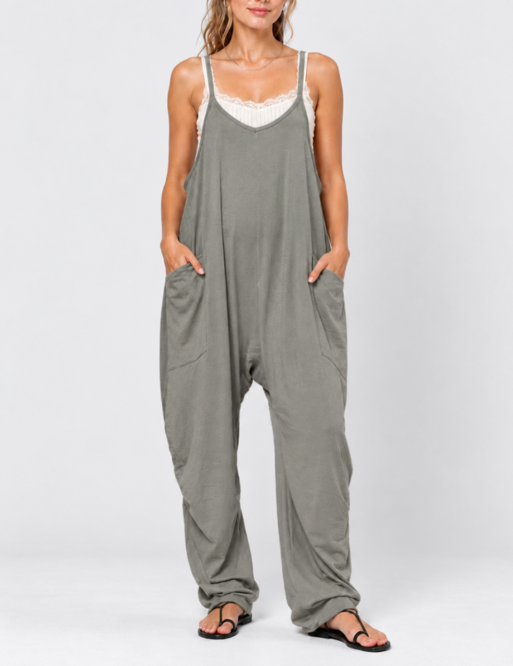 Ladies Relaxed Fit V-Neck Spaghetti Strap Vacation Jumpsuit