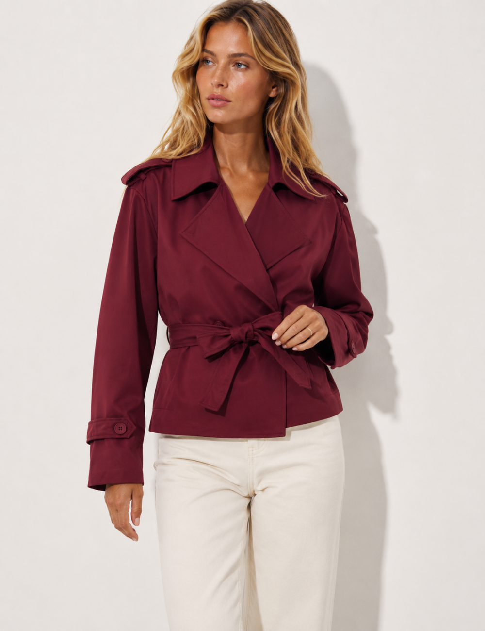 Ladies Lapel Collar Belted Short Trench Coat