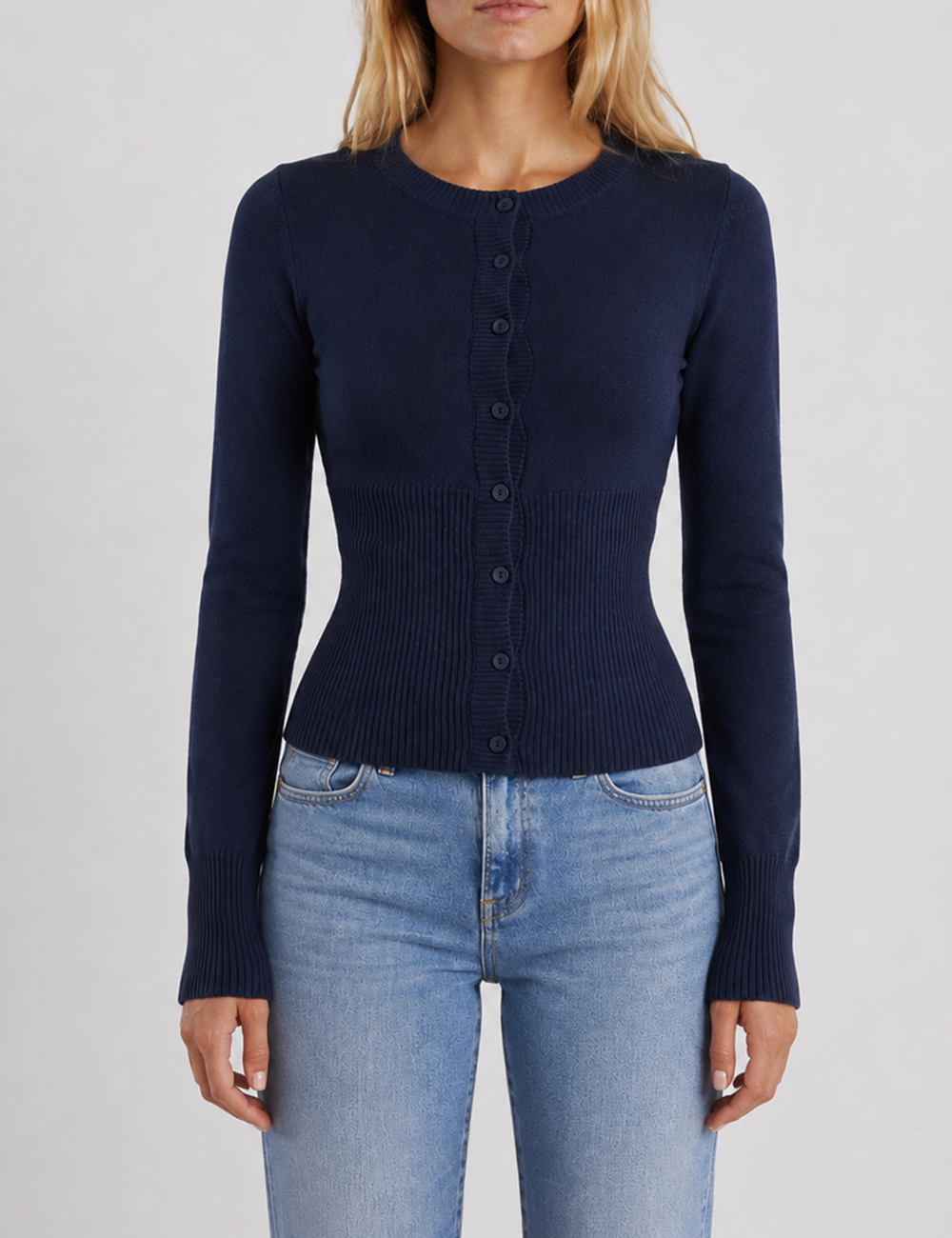 Ladies Button Front Ribbed Knit Cardigan