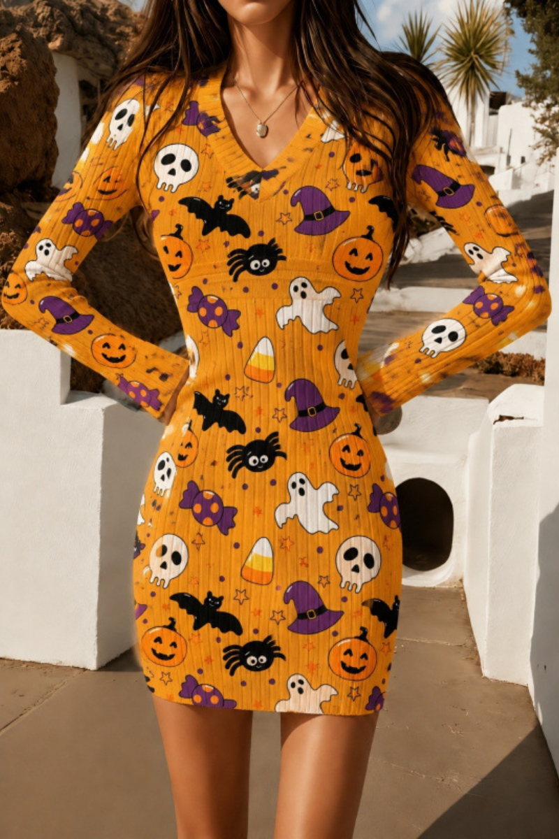 Women Fall Clothing Halloween Pumpkin Ribbed Bodycon Dress