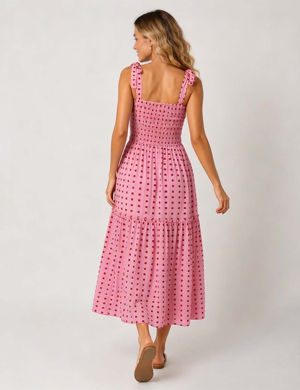 Ladies Abstract Print Smocked Tie Strap Square Neck Midi Dress