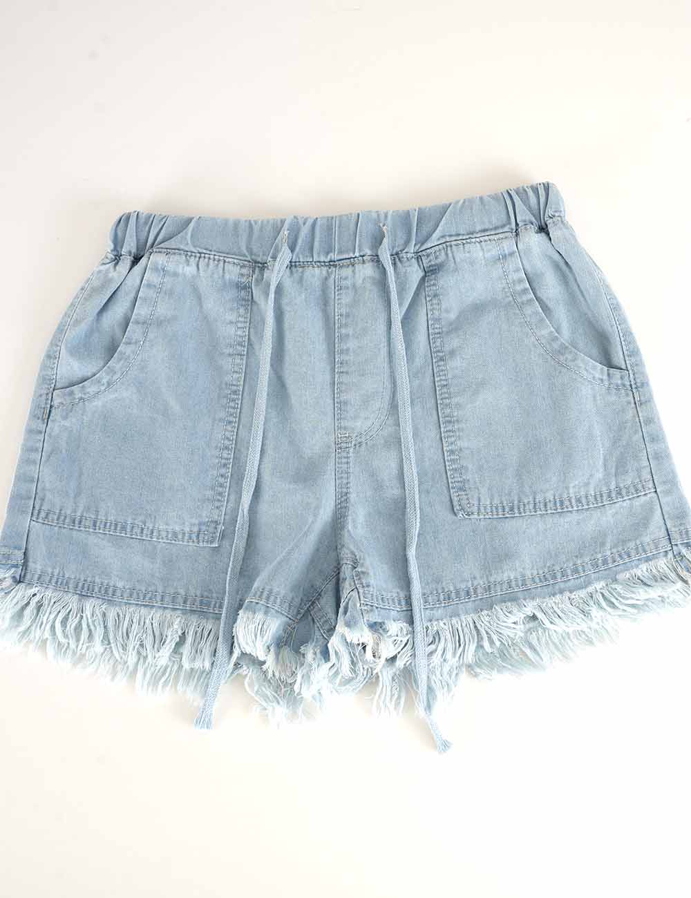 Ladies Solid Color Drawstring Waist Frayed Hem Denim Shorts
