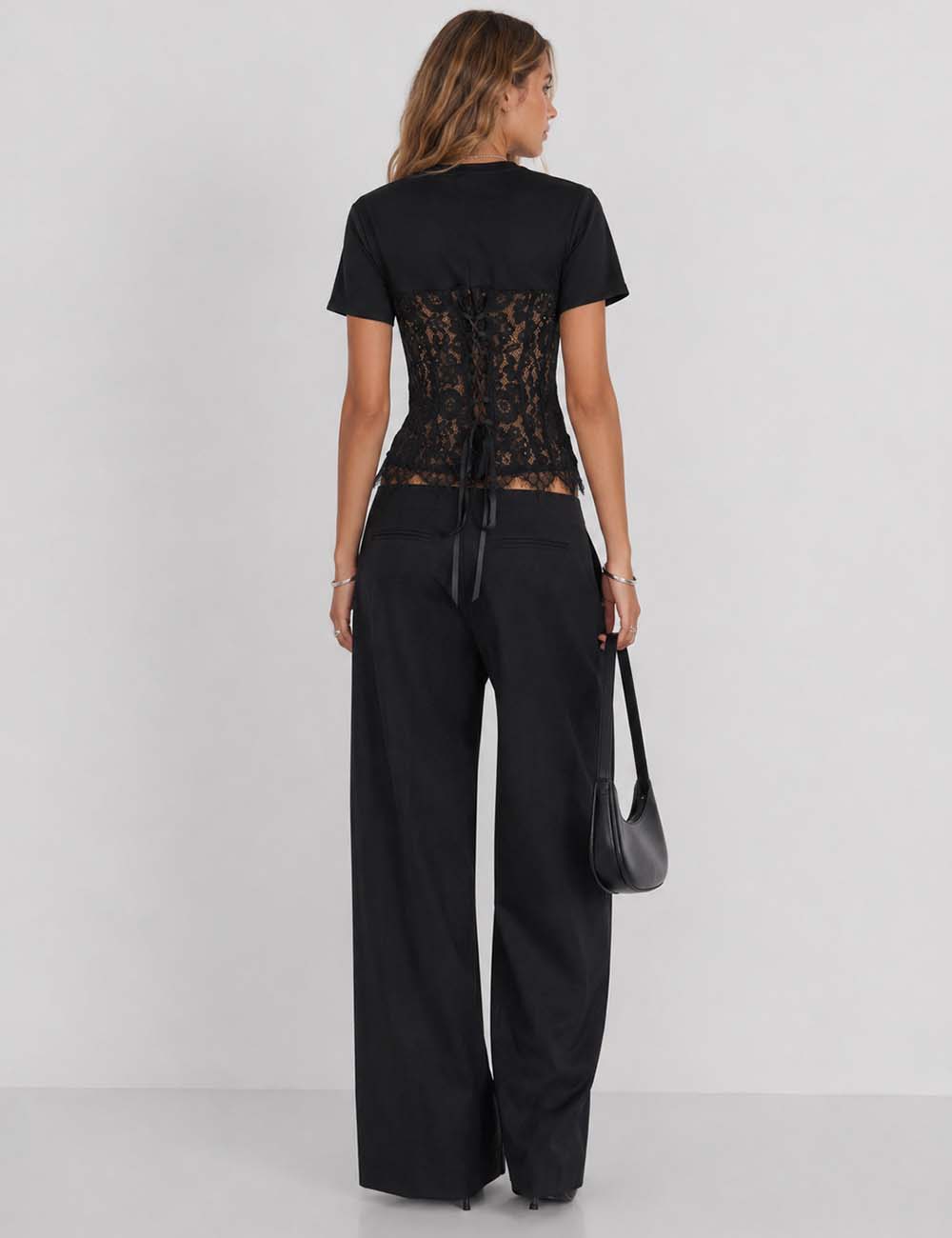 Ladies Lace Scalloped Hem Round Neck Short Sleeves Top