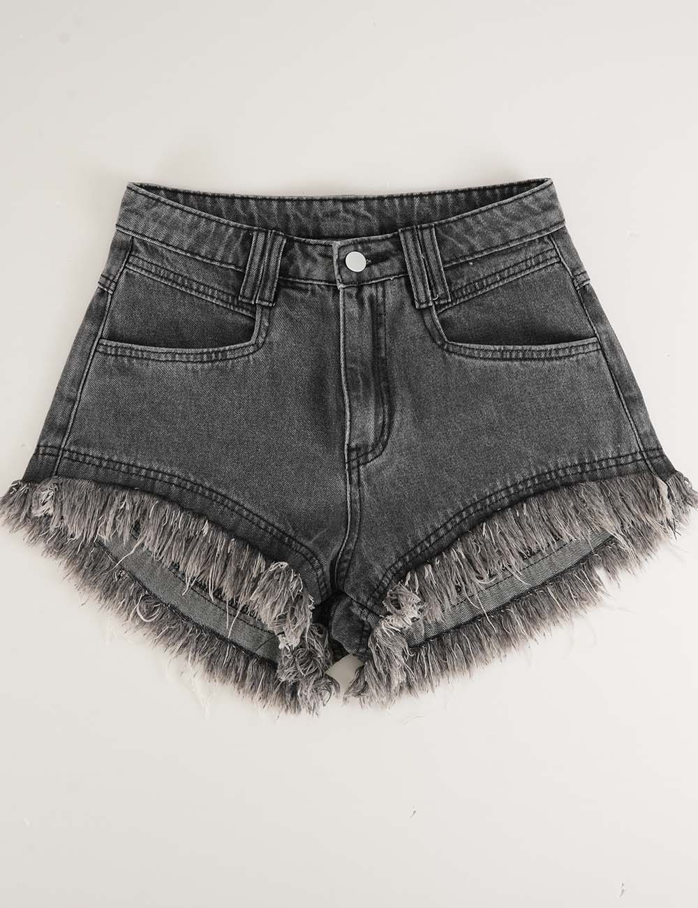Ladies Distressed Raw Edge Frayed Hem Denim Shorts