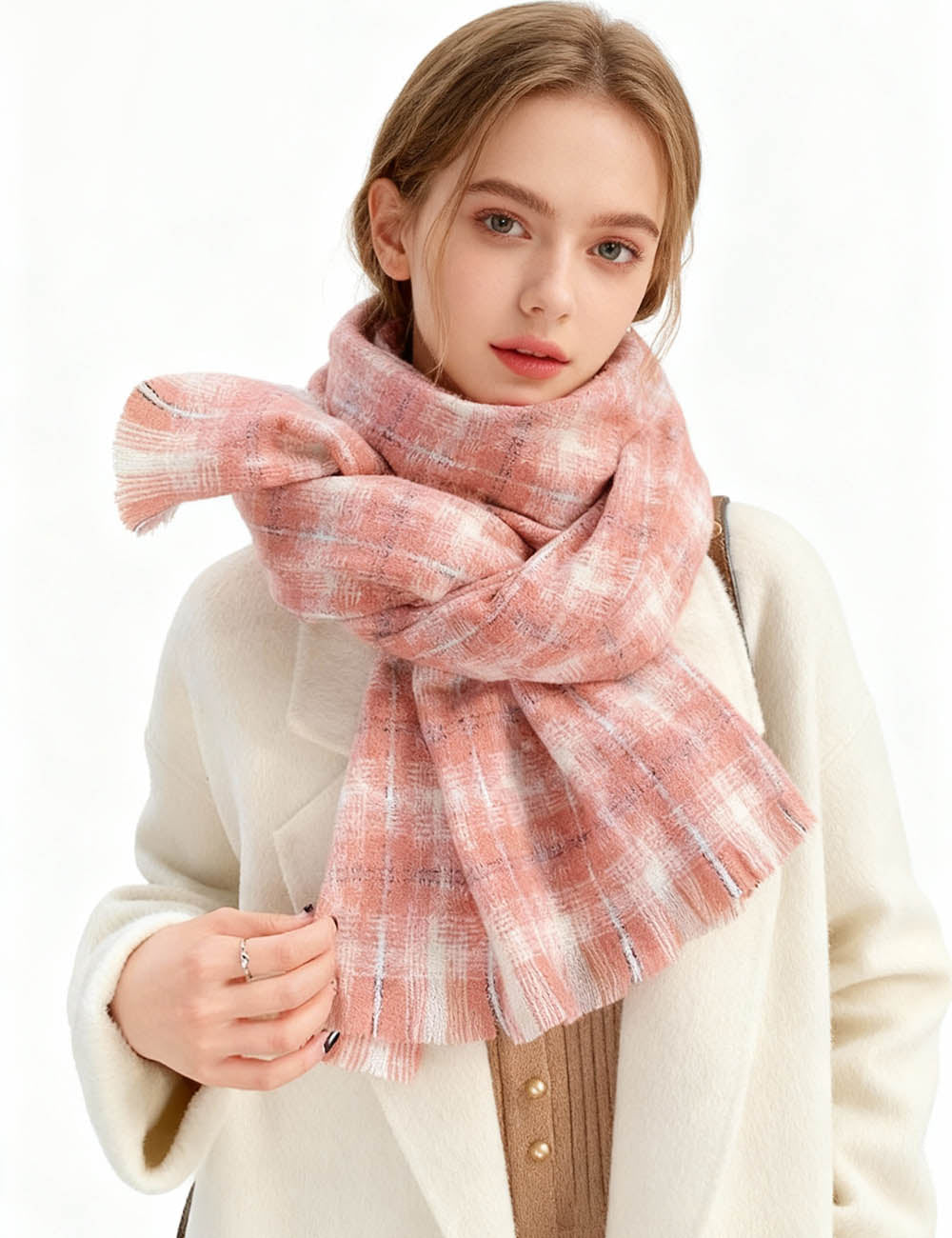 Ladies Warm Color Block Plaid Tassel Knit Scarf