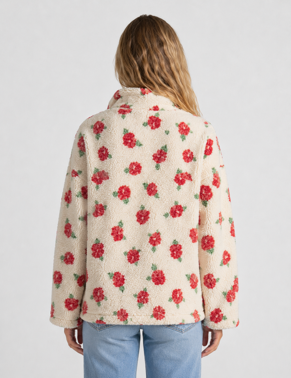Ladies Casual Floral Pattern Zipper Front Fleece Pullover Sweatshirt